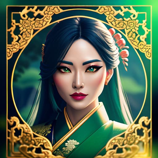  Create an avatar for a roleplay chat in an Asian style, with a jade color and a frame in the style of a jade dragon. In the center, the text "Learn about the one you see for the first time." In the background, nature green forests and streams. Also, a Japanese village at a noble villa. hyperrealistic, full body, detailed clothing, highly detailed, cinematic lighting, stunningly beautiful, intricate, sharp focus, f/1. 8, 85mm, (centered image composition), (professionally color graded), ((bright soft diffused light)), volumetric fog, trending on instagram, trending on tumblr, HDR 4K, 8K