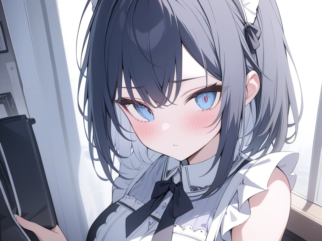  Short hair, black hair, light blue mesh, , cat ear, , big s, jit eyes, maid, light blue eyes, masterpiece, best quality,8k,ultra detailed,high resolution,an extremely delicate and beautiful,hyper detail