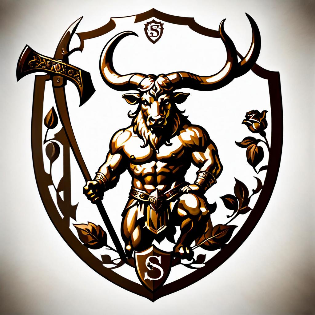  Family crest from the times of the Hanseatic League depicting a Minotaur with an axe. Below the Minotaur are the initials S Z H. The crest is executed in an elegant style. On it are depicted white roses. hyperrealistic, full body, detailed clothing, highly detailed, cinematic lighting, stunningly beautiful, intricate, sharp focus, f/1. 8, 85mm, (centered image composition), (professionally color graded), ((bright soft diffused light)), volumetric fog, trending on instagram, trending on tumblr, HDR 4K, 8K