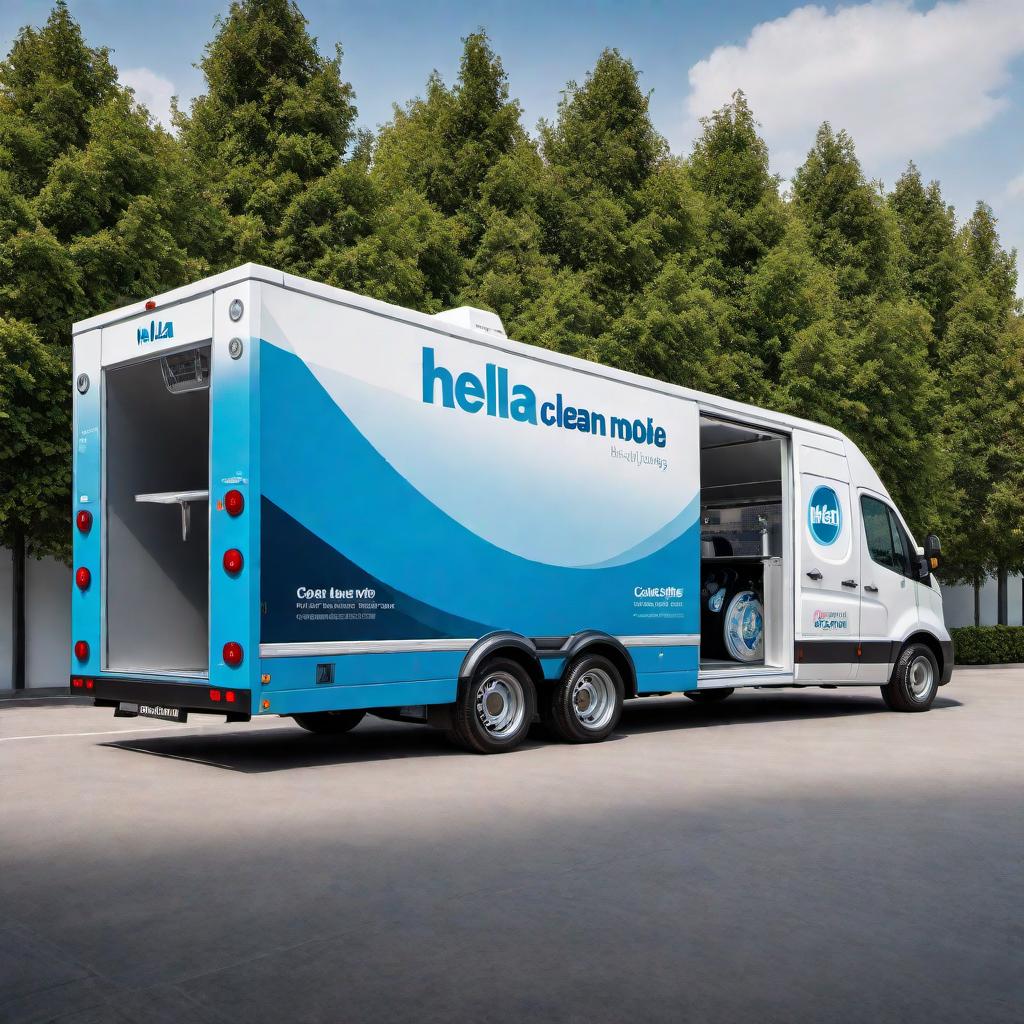  A modern, visually appealing mobile laundry service vehicle. The vehicle is equipped with washers and dryers, clearly displaying the brand name 'Hella Clean Mobile Laundry Service.' The vehicle should have a sleek, clean design with vibrant branding elements. Show the side view where the equipment is visible, and it has stylish graphics and branding on the exterior. hyperrealistic, full body, detailed clothing, highly detailed, cinematic lighting, stunningly beautiful, intricate, sharp focus, f/1. 8, 85mm, (centered image composition), (professionally color graded), ((bright soft diffused light)), volumetric fog, trending on instagram, trending on tumblr, HDR 4K, 8K