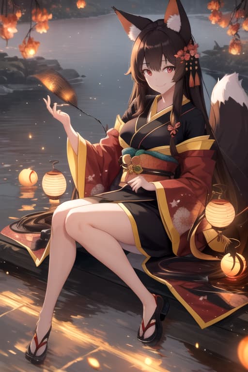  cat, long hair, animal ears, brown hair, masterpiece, red eyes, smile, outdoors, tree, landscape, kimono, fox tail, looking at viewer, sunset, sitting, river, water, fireflies, nature, hair ornament, medium breasts, partially submerged hyperrealistic, full body, detailed clothing, highly detailed, cinematic lighting, stunningly beautiful, intricate, sharp focus, f/1. 8, 85mm, (centered image composition), (professionally color graded), ((bright soft diffused light)), volumetric fog, trending on instagram, trending on tumblr, HDR 4K, 8K