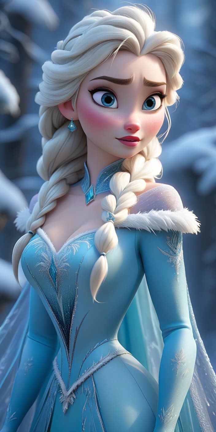  Elsa from the animated movie "Frozen" in full grow hyperrealistic, full body, detailed clothing, highly detailed, cinematic lighting, stunningly beautiful, intricate, sharp focus, f/1. 8, 85mm, (centered image composition), (professionally color graded), ((bright soft diffused light)), volumetric fog, trending on instagram, trending on tumblr, HDR 4K, 8K