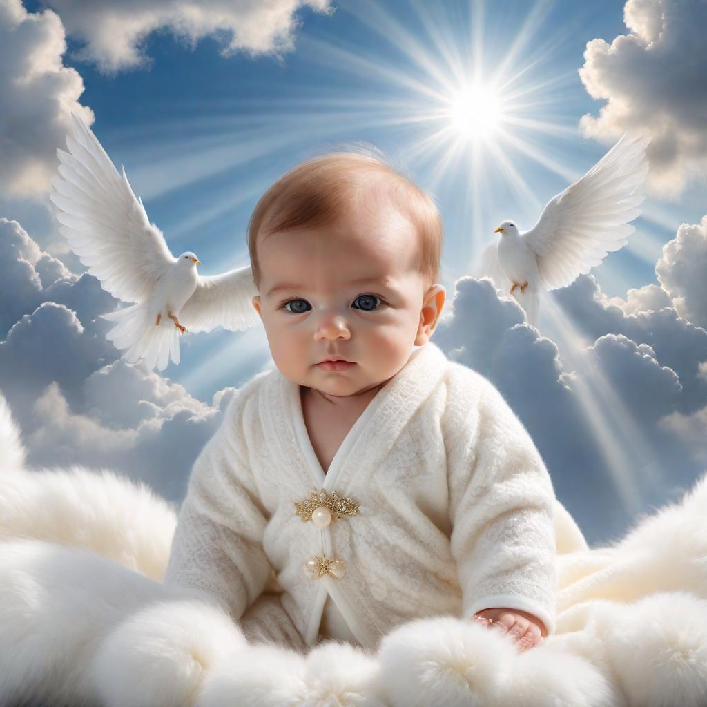  A serene and ethereal depiction of a baby in heaven. The scene is filled with soft, heavenly light, with the baby appearing peaceful and angelic, surrounded by fluffy clouds and a sense of tranquility and purity. The background features a radiant light that gives a divine and celestial atmosphere. hyperrealistic, full body, detailed clothing, highly detailed, cinematic lighting, stunningly beautiful, intricate, sharp focus, f/1. 8, 85mm, (centered image composition), (professionally color graded), ((bright soft diffused light)), volumetric fog, trending on instagram, trending on tumblr, HDR 4K, 8K