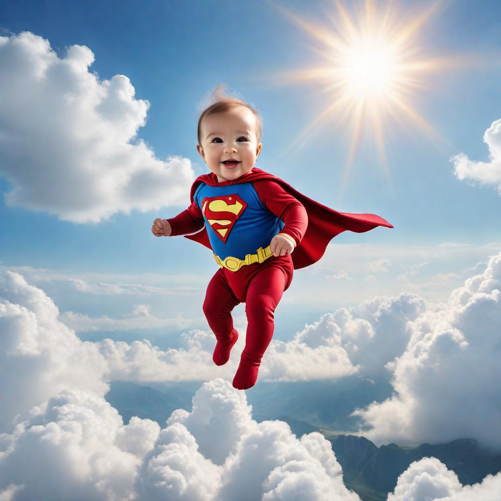  A baby in superhero costume flying for the first time through the sky with a joyful and excited expression on their face. The background should show fluffy clouds, a bright blue sky, and a shining sun. The baby's costume should include a cape fluttering in the wind and a mask. The scene should be colorful, whimsical, and full of energy. hyperrealistic, full body, detailed clothing, highly detailed, cinematic lighting, stunningly beautiful, intricate, sharp focus, f/1. 8, 85mm, (centered image composition), (professionally color graded), ((bright soft diffused light)), volumetric fog, trending on instagram, trending on tumblr, HDR 4K, 8K