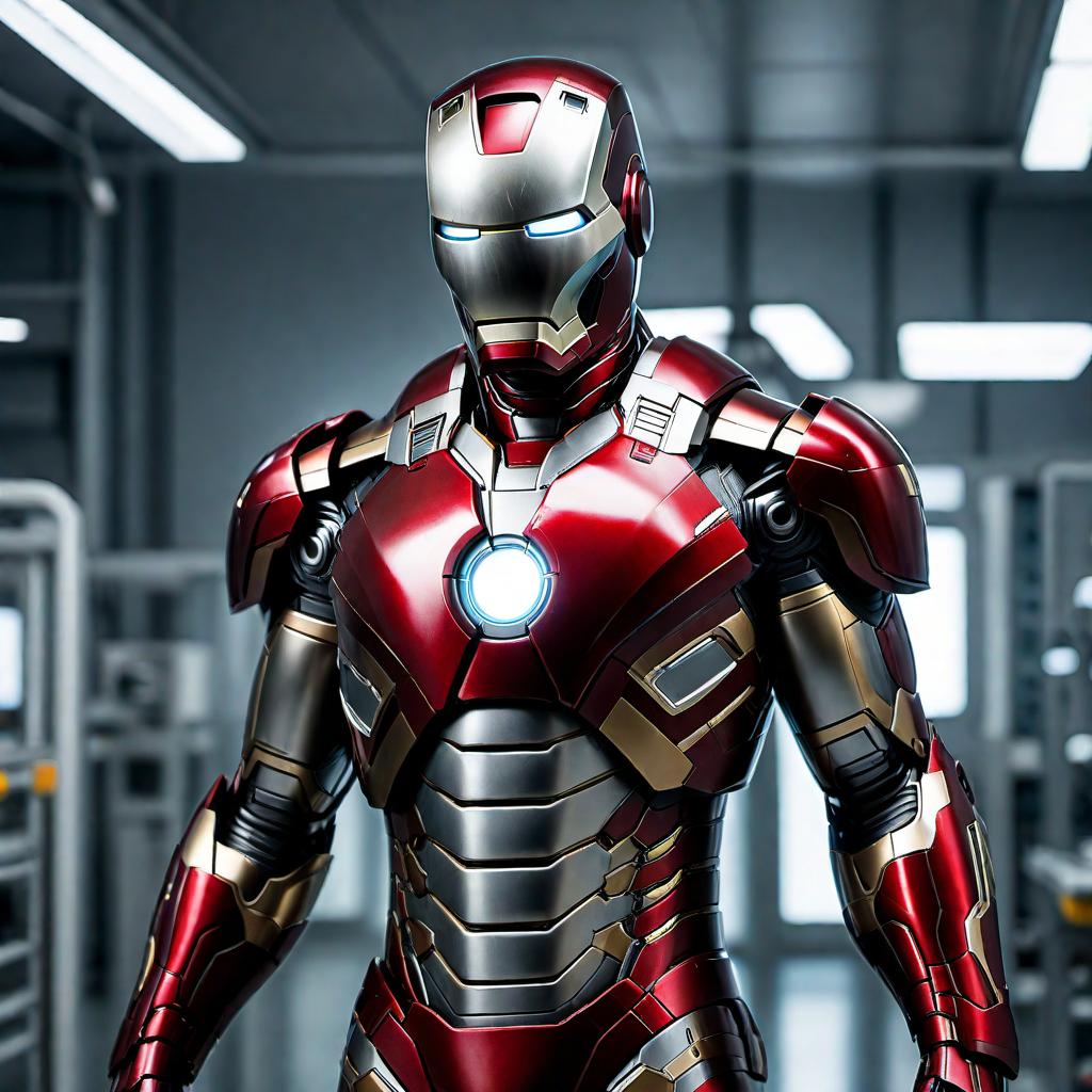  A fusion of Iron Man and titanium steel, combining Iron Man's iconic armored suit with enhanced features resembling titanium steel elements, giving it a more robust and industrial look. The setting is in a high-tech laboratory with futuristic equipment and a high-energy atmosphere. hyperrealistic, full body, detailed clothing, highly detailed, cinematic lighting, stunningly beautiful, intricate, sharp focus, f/1. 8, 85mm, (centered image composition), (professionally color graded), ((bright soft diffused light)), volumetric fog, trending on instagram, trending on tumblr, HDR 4K, 8K