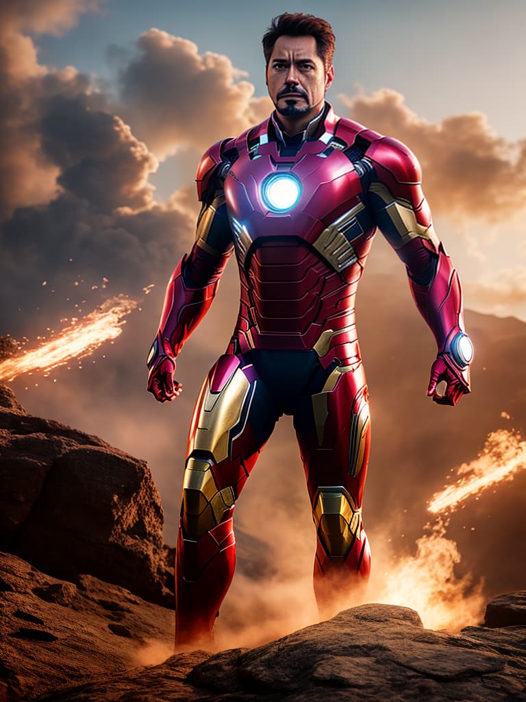  ironman tony stark in cinematic poster hyperrealistic, full body, detailed clothing, highly detailed, cinematic lighting, stunningly beautiful, intricate, sharp focus, f/1. 8, 85mm, (centered image composition), (professionally color graded), ((bright soft diffused light)), volumetric fog, trending on instagram, trending on tumblr, HDR 4K, 8K