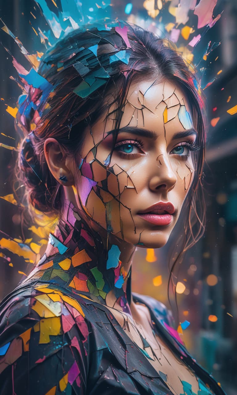  cinematic photo double exposure of acrylic paint, abstract woman’s face, in the style of shattered, segmented cracked skin, vibrant acid colors, volumetric lighting, depressive mood . 35mm photograph, film, bokeh, professional, 4k, highly detailed hyperrealistic, full body, detailed clothing, highly detailed, cinematic lighting, stunningly beautiful, intricate, sharp focus, f/1. 8, 85mm, (centered image composition), (professionally color graded), ((bright soft diffused light)), volumetric fog, trending on instagram, trending on tumblr, HDR 4K, 8K