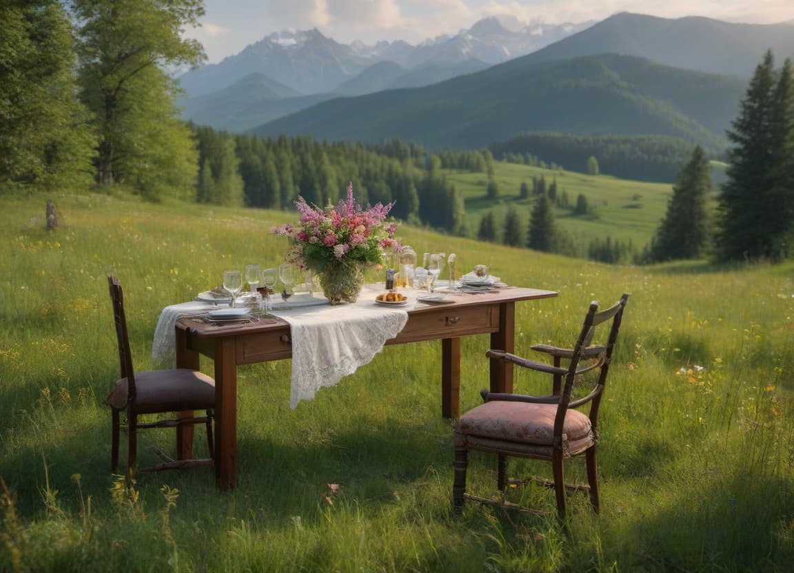  A meadow surrounded by grass in the foreground, a beautiful Russian landscape with forests and mountains in the background, the view is at the meadow level, a table is standing right in front. Bring the table closer. Removing English additions to keep only the translation. A meadow surrounded by grass in the foreground, a beautiful Russian landscape with forests and mountains in the background, the view is at the meadow level, a table is standing right in front. Bring the table closer. hyperrealistic, full body, detailed clothing, highly detailed, cinematic lighting, stunningly beautiful, intricate, sharp focus, f/1. 8, 85mm, (centered image composition), (professionally color graded), ((bright soft diffused light)), volumetric fog, trending on instagram, trending on tumblr, HDR 4K, 8K