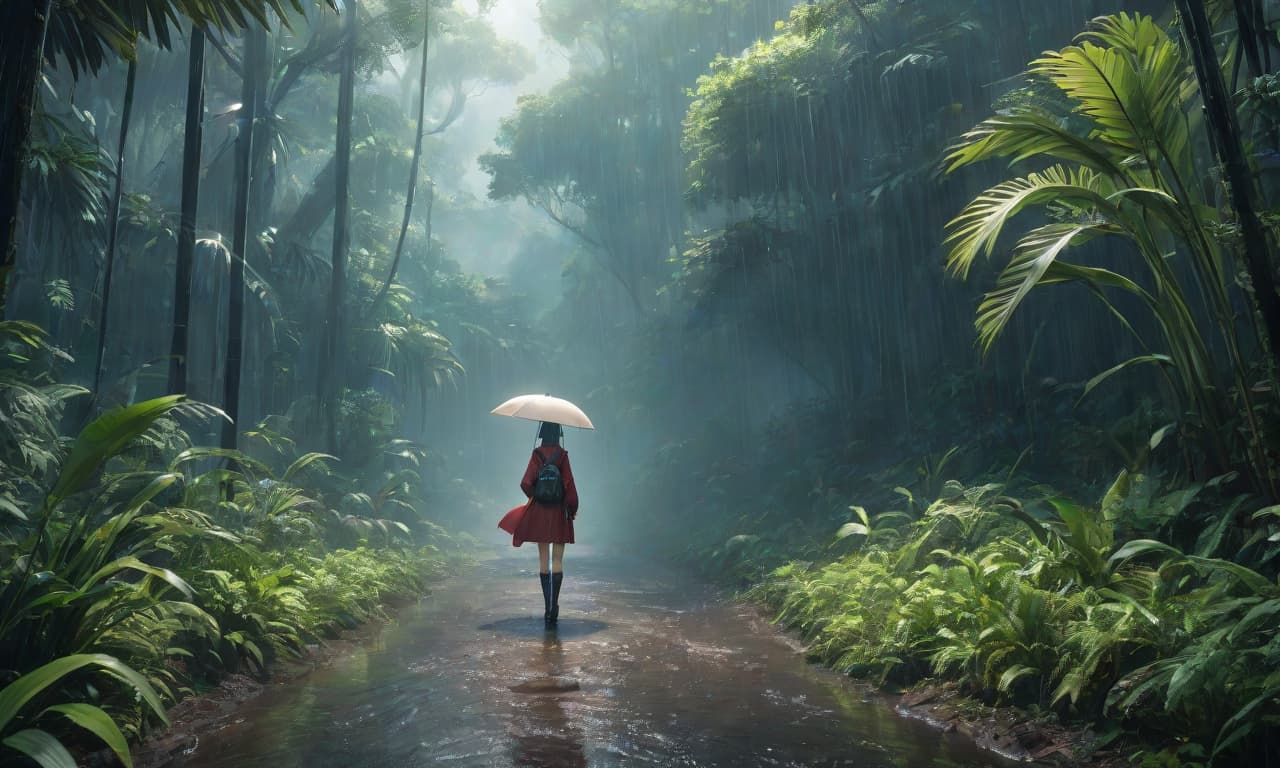  anime artwork Anime drawing. In the jungle, there's a heavy rain falling. No one is there. An empty pathway. . anime style, key visual, vibrant, studio anime, highly detailed hyperrealistic, full body, detailed clothing, highly detailed, cinematic lighting, stunningly beautiful, intricate, sharp focus, f/1. 8, 85mm, (centered image composition), (professionally color graded), ((bright soft diffused light)), volumetric fog, trending on instagram, trending on tumblr, HDR 4K, 8K