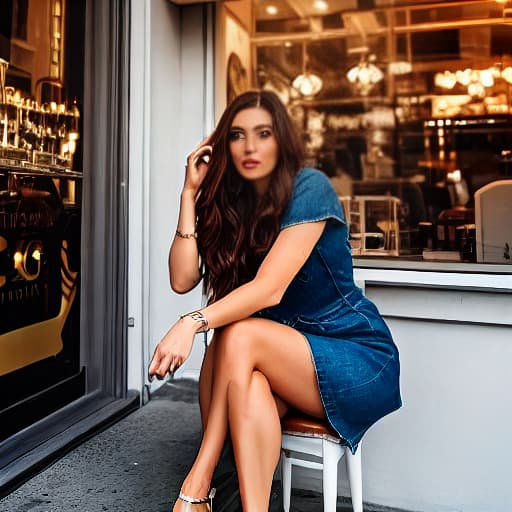  girl sitting in cafe her hair is brown and golden hour in her hair hyperrealistic, full body, detailed clothing, highly detailed, cinematic lighting, stunningly beautiful, intricate, sharp focus, f/1. 8, 85mm, (centered image composition), (professionally color graded), ((bright soft diffused light)), volumetric fog, trending on instagram, trending on tumblr, HDR 4K, 8K