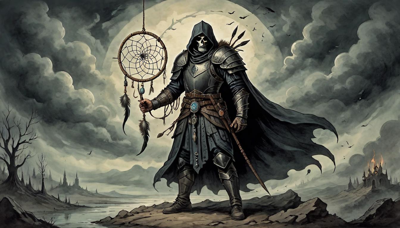  on parchment, surrealism+++, Sinister figure with piercing eyes, dressed in shadowy armor, standing over a crushed, radiant dreamcatcher, background of a murky, tempestuous sky, mood of malevolence, suppression(mysterious, provocative, symbolic,muted color)+++