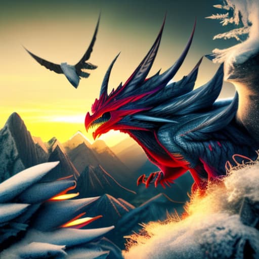 wa-vy style A black Phoenix, a fiery red dragon and a white beast Panoramas, Midnight Mystique, Mountain Majesty hyperrealistic, full body, detailed clothing, highly detailed, cinematic lighting, stunningly beautiful, intricate, sharp focus, f/1. 8, 85mm, (centered image composition), (professionally color graded), ((bright soft diffused light)), volumetric fog, trending on instagram, trending on tumblr, HDR 4K, 8K