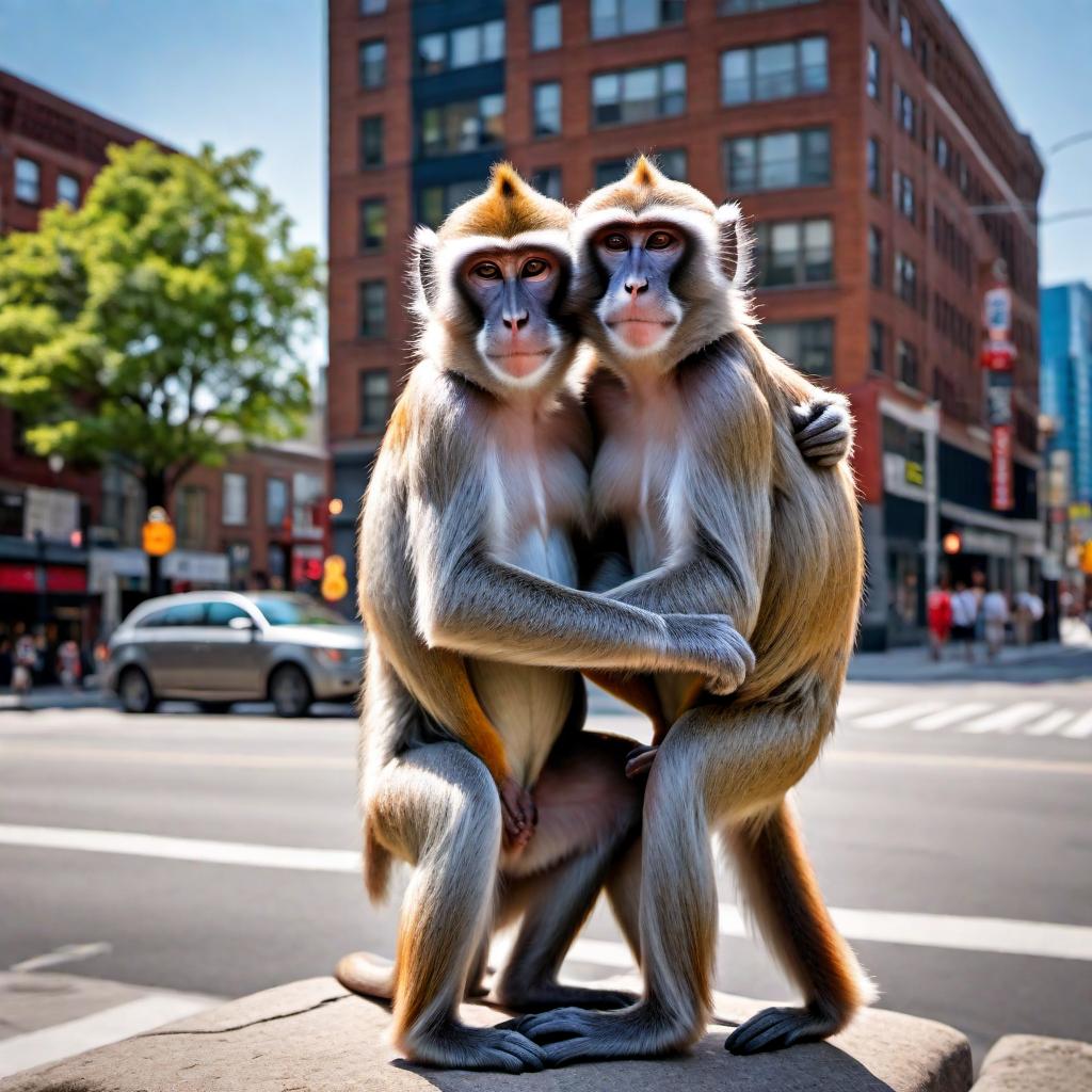  Two monkeys hugging affectionately at the intersection of Sherbourne and Dundas in Toronto, Ontario, Canada, during a warm summer afternoon. The setting should include recognizable urban elements like buildings, streetlights, parked cars, and typical signage found at this intersection. Include a clear blue sky to emphasize the warm summer atmosphere and ensure the scene feels heartwarming and tender with the hugging monkeys as the central focus. hyperrealistic, full body, detailed clothing, highly detailed, cinematic lighting, stunningly beautiful, intricate, sharp focus, f/1. 8, 85mm, (centered image composition), (professionally color graded), ((bright soft diffused light)), volumetric fog, trending on instagram, trending on tumblr, HDR 4K, 8K