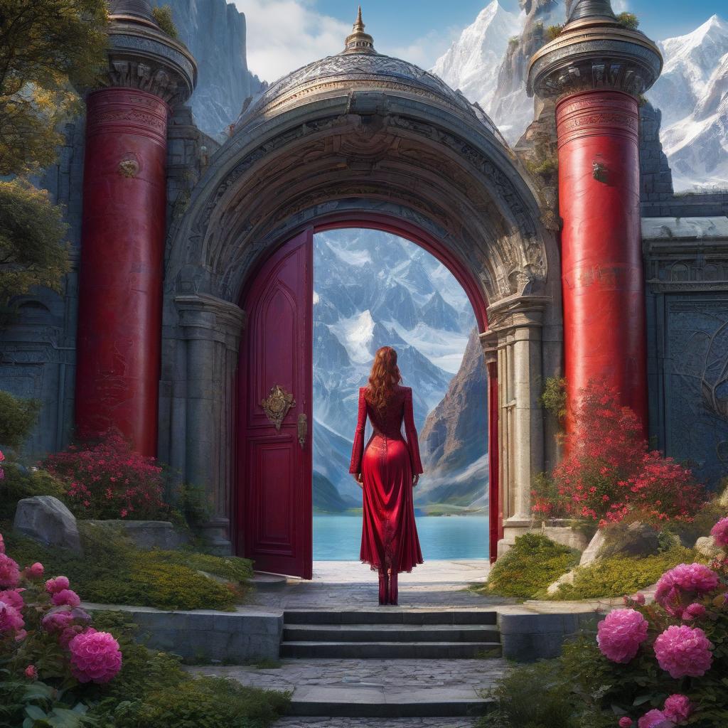  A defended fortress, a palisade, a gloomy castle, iron, black stone. Standing against a background of mountains. A masterpiece. The Ice Palace. Huge palace Grandiose construction. The palace is outside. Highly detailed, highly detailed. High quality. Beauty, grace, majesty. An ice lake. Fairy tale, fantasy. Alfonso Mucha. HDR.Beautiful red door with branching ornamentation. The door looks like a portal. Fantasy, magic. High elaboration, high realization. The door opens into a beautiful garden. A door without a lock. (Sparkling rim)): spring field, hyacinths, roses, rosehips, rose hips, peonies, cherry tree, yellow, red. Surrealist abstractionism. Honoré Fargonard, Alfonso Mucha.Flying saucer. Space, fantasy. Purple, blue, silver colors. M hyperrealistic, full body, detailed clothing, highly detailed, cinematic lighting, stunningly beautiful, intricate, sharp focus, f/1. 8, 85mm, (centered image composition), (professionally color graded), ((bright soft diffused light)), volumetric fog, trending on instagram, trending on tumblr, HDR 4K, 8K