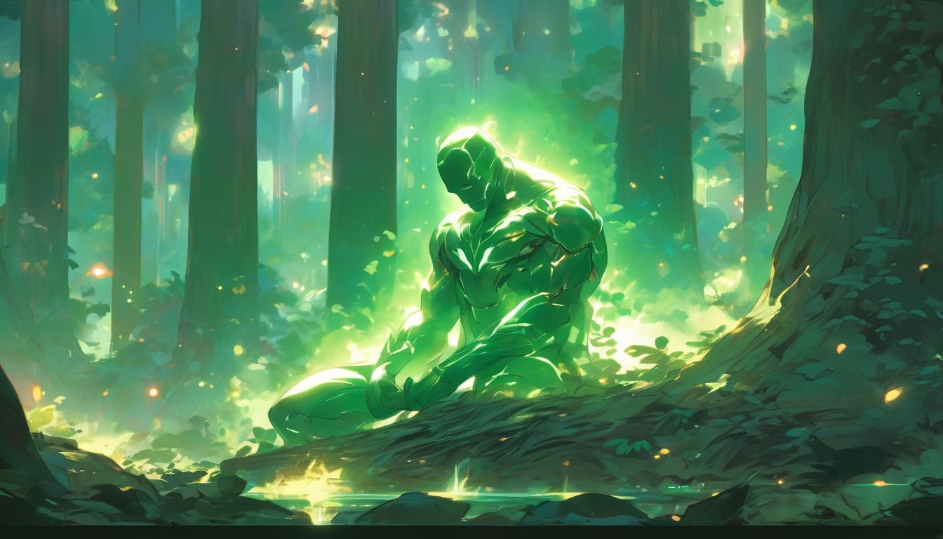  hyperrealism,fantasy aestheticFigure seated in a meditative pose within a forest clearing, trees towering around, light beams filtering through leaves, figure's expression serene and focused, emotional strength, inner peace, high tech clothing clad in sleek, futuristic costume with metallic accents and form fitting designs, marvel superhero comics style, unreal engine rendering