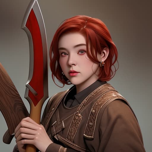  Female dwarf with human ears, short red hair and brown eyes, holding an axe