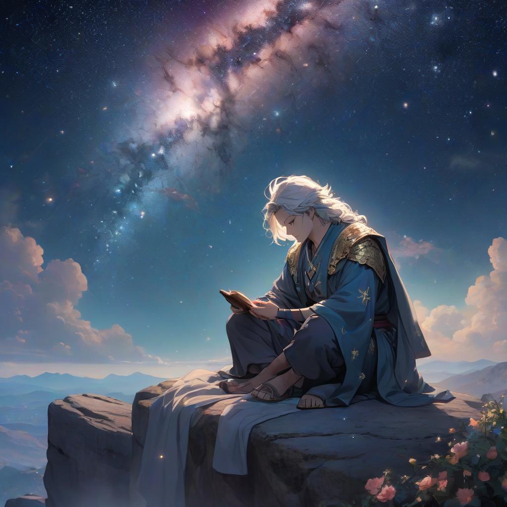  Before us stands a person, his gaze filled with wisdom and tranquility. He is dressed in spacious clothes, decorated with images of the starry sky and galaxies, symbolizing his faith in the universe as the supreme god. In his hands—an ancient scroll, on which are laid out the foundations of his belief. He is atop a hill, from which an impressive view of the night sky, dotted with stars, unfolds. Around him—rocks and crystals arranged in a certain order, creating an energetic field connecting him to the cosmos. A light breeze plays with his hair, and in the air wafts the scent of herbs and earth. hyperrealistic, full body, detailed clothing, highly detailed, cinematic lighting, stunningly beautiful, intricate, sharp focus, f/1. 8, 85mm, (centered image composition), (professionally color graded), ((bright soft diffused light)), volumetric fog, trending on instagram, trending on tumblr, HDR 4K, 8K