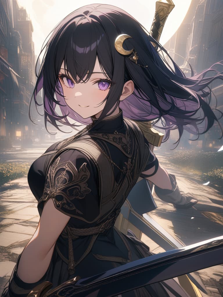  Holy sword,golden sword,burning city,smile,sword raised,golden light,Excalibur,cool girl,Black hair,(purple eyes),short,cropped hair,crescent moon hair ornament, masterpiece, best quality,8k,ultra detailed,high resolution,an extremely delicate and beautiful,hyper detail