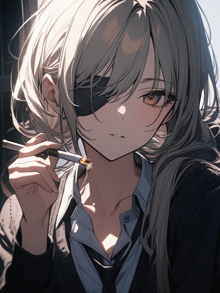  Blond, loose ponytail, black eyepatch, smoking cigarettes, cool, women, masterpiece, best quality,8k,ultra detailed,high resolution,an extremely delicate and beautiful,hyper detail