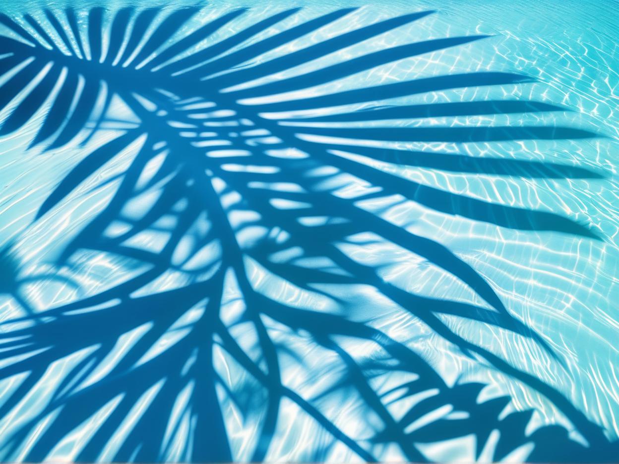  best quality, HD, Tropical leaf shadow on water surface. Shadow of palm leaves on blue water. Beautiful abstract background concept banner for summer vacation at the beach.