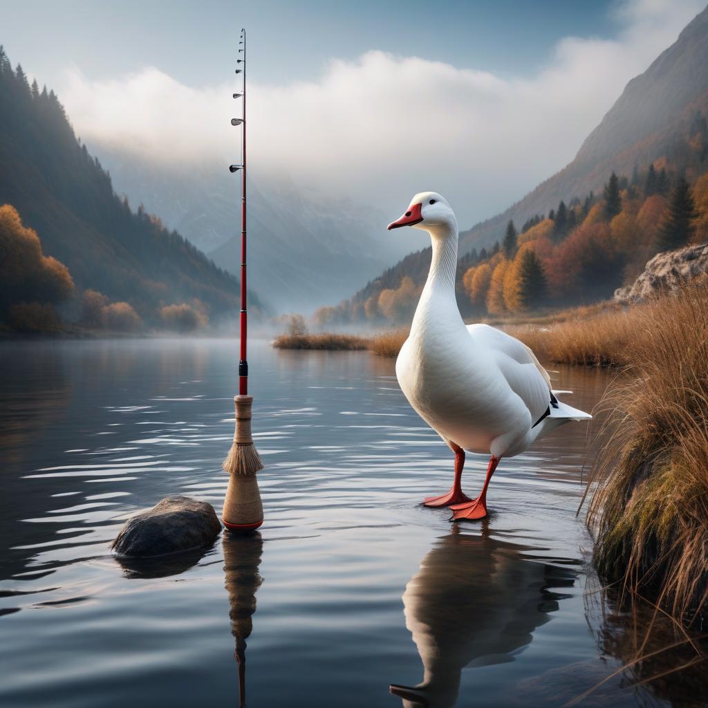  A human like white goose with a fishing rod in his hands. (or, A white goose that resembles a human, holding a fishing rod) hyperrealistic, full body, detailed clothing, highly detailed, cinematic lighting, stunningly beautiful, intricate, sharp focus, f/1. 8, 85mm, (centered image composition), (professionally color graded), ((bright soft diffused light)), volumetric fog, trending on instagram, trending on tumblr, HDR 4K, 8K