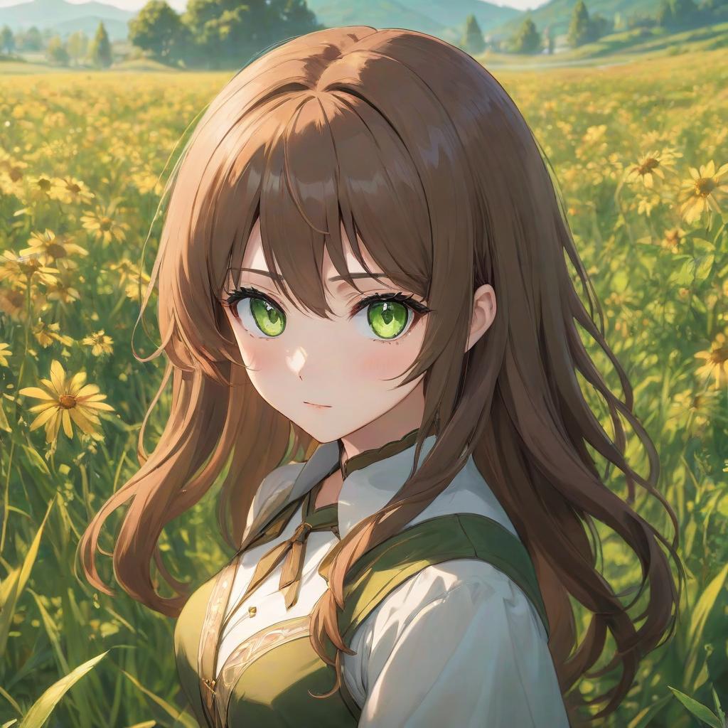  anime artwork A old with large green eyes, eyelashes, and wavy brown hair is looking at us on the meadow with a close up anime style face. . anime style, key visual, vint, studio anime, highly detailed hyperrealistic, full body, detailed clothing, highly detailed, cinematic lighting, stunningly beautiful, intricate, sharp focus, f/1. 8, 85mm, (centered image composition), (professionally color graded), ((bright soft diffused light)), volumetric fog, trending on instagram, trending on tumblr, HDR 4K, 8K