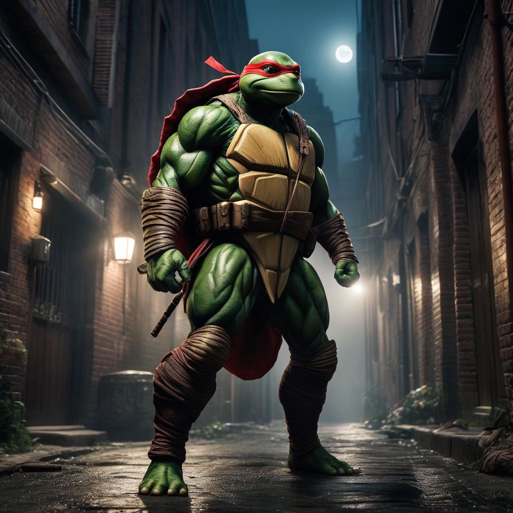  Ninja turtle Raphael in the style of the 2007 cartoon fights against ninjas in a dark alley, where the only source of light is the moon. hyperrealistic, full body, detailed clothing, highly detailed, cinematic lighting, stunningly beautiful, intricate, sharp focus, f/1. 8, 85mm, (centered image composition), (professionally color graded), ((bright soft diffused light)), volumetric fog, trending on instagram, trending on tumblr, HDR 4K, 8K