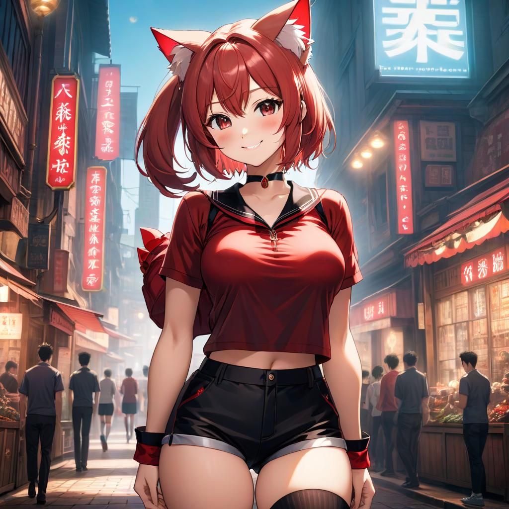  anime artwork A nine yea , with a beautiful face, blushing, wearing a tight and black red top, perfect body shape, large hips, on and s, black red shorts, socks, cat ears, smiles. . anime style, key visual, vint, studio anime, highly detailed hyperrealistic, full body, detailed clothing, highly detailed, cinematic lighting, stunningly beautiful, intricate, sharp focus, f/1. 8, 85mm, (centered image composition), (professionally color graded), ((bright soft diffused light)), volumetric fog, trending on instagram, trending on tumblr, HDR 4K, 8K