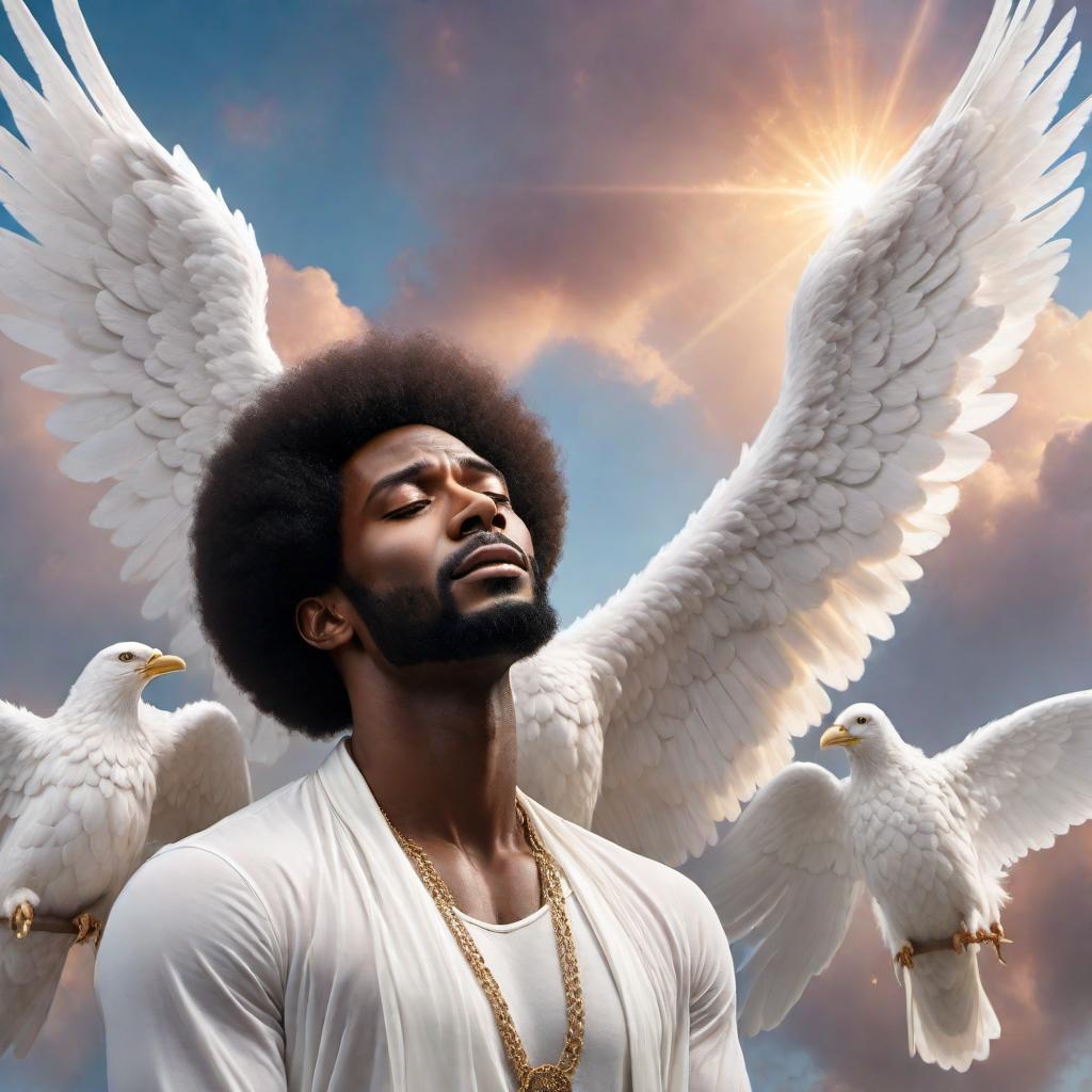  A black man with an Afro, crying with angels behind him comforting him. The angels should look ethereal, with soft glowing auras, gently placing their hands on his shoulders. The background should have a serene and calm atmosphere, possibly with soft, pastel-colored clouds and light rays breaking through. The overall mood should convey solace and comfort amidst sorrow. hyperrealistic, full body, detailed clothing, highly detailed, cinematic lighting, stunningly beautiful, intricate, sharp focus, f/1. 8, 85mm, (centered image composition), (professionally color graded), ((bright soft diffused light)), volumetric fog, trending on instagram, trending on tumblr, HDR 4K, 8K