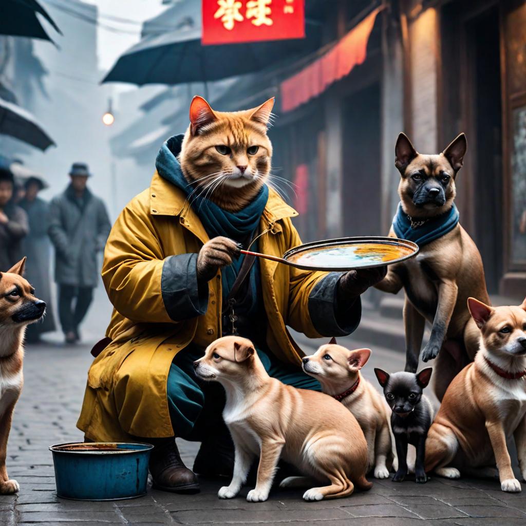  A painter cat is painting on the streets of Wuhan, surrounded by a group of little dogs. hyperrealistic, full body, detailed clothing, highly detailed, cinematic lighting, stunningly beautiful, intricate, sharp focus, f/1. 8, 85mm, (centered image composition), (professionally color graded), ((bright soft diffused light)), volumetric fog, trending on instagram, trending on tumblr, HDR 4K, 8K