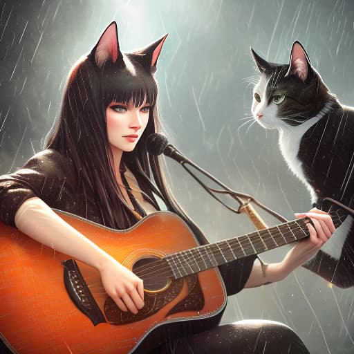  Two cats with acoustic guitars in the rain, drawn style, (Surrealism), dreamlike , distorted , abstract , symbolic hyperrealistic, full body, detailed clothing, highly detailed, cinematic lighting, stunningly beautiful, intricate, sharp focus, f/1. 8, 85mm, (centered image composition), (professionally color graded), ((bright soft diffused light)), volumetric fog, trending on instagram, trending on tumblr, HDR 4K, 8K