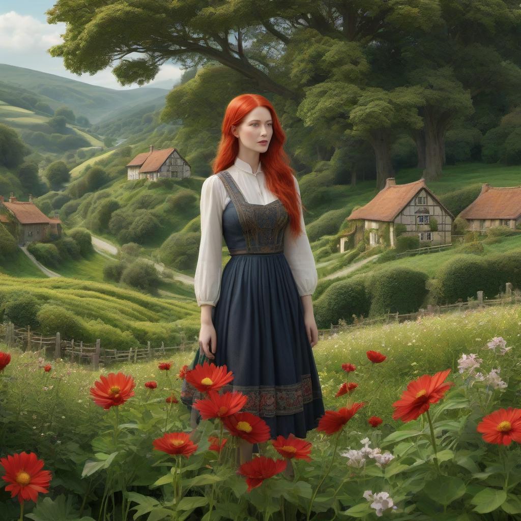  concept art "Girl standing standing in front of rolling hills of fields and hedges, and a quaint village nestled in the valley. She has red hair and is wearing her patchwork best, and is totally in harmony with her environment. woman holding the cosmos in her hands, calm, her hair fluttering full of birds, in the background is the universe full of birds, flowers and boats in Surreal artisanal hallucinations made entirely of Sun and Moon, highly detailed, fairytale, Dee Nickerson, elegant, sharp focus, 8 k, octane render" . digital artwork, illustrative, painterly, matte painting, highly detailed hyperrealistic, full body, detailed clothing, highly detailed, cinematic lighting, stunningly beautiful, intricate, sharp focus, f/1. 8, 85mm, (centered image composition), (professionally color graded), ((bright soft diffused light)), volumetric fog, trending on instagram, trending on tumblr, HDR 4K, 8K