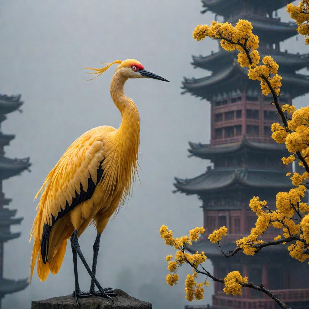  Yellow Crane Tower hyperrealistic, full body, detailed clothing, highly detailed, cinematic lighting, stunningly beautiful, intricate, sharp focus, f/1. 8, 85mm, (centered image composition), (professionally color graded), ((bright soft diffused light)), volumetric fog, trending on instagram, trending on tumblr, HDR 4K, 8K