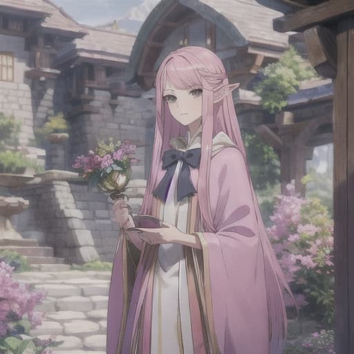  master piece , best quality,Pink hair, straight long hair, elven female, dignified, slender, eye shadow, holding a bow, cloak.