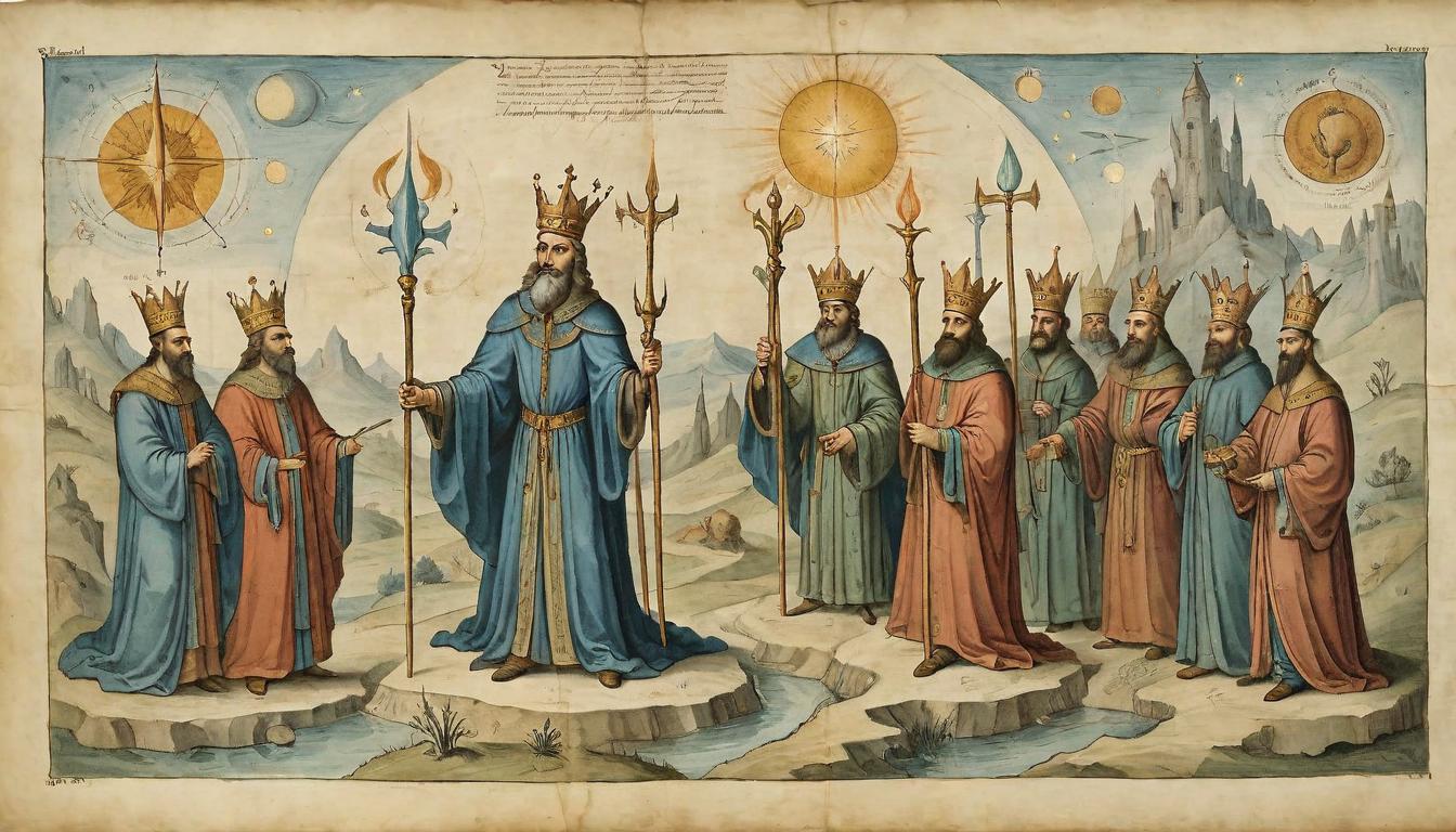  on parchment, surrealism+++, Group of supportive figures encircling a central figure who holds an illuminated scepter, all figures wear harmonious, radiant attire, backdrop of a radiant celestial landscape, mood of alliance, shared purpose(mysterious, provocative, symbolic,muted color)+++