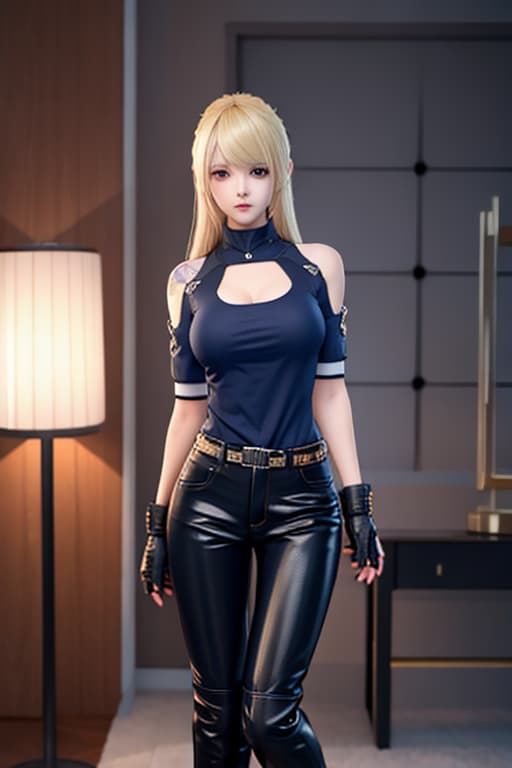  Anime Girl, blond long bed hair blue big eye, tom boy, black pants with t shirt with “I love manga”, short jacket biker gloves. Long boots,cool pose, winking, rose tatoo on the neck hyperrealistic, full body, detailed clothing, highly detailed, cinematic lighting, stunningly beautiful, intricate, sharp focus, f/1. 8, 85mm, (centered image composition), (professionally color graded), ((bright soft diffused light)), volumetric fog, trending on instagram, trending on tumblr, HDR 4K, 8K