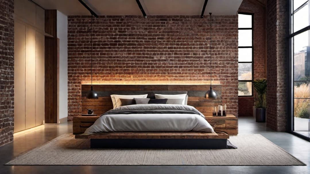  Generate an image of a rustic industrial bedroom featuring an <strong>industrial bed frame</strong> made of reclaimed wood and metal. Include a striking <strong>industrial headboard</strong> crafted from weathered wood with metal accents. Incorporate elements like exposed brick walls, metal light fixtures, and a vintage leather armchair. The color scheme should blend warm earth tones with metallic accents. Add a plush area rug and soft throw pillows for a cozy and inviting atmosphere. hyperrealistic, full body, detailed clothing, highly detailed, cinematic lighting, stunningly beautiful, intricate, sharp focus, f/1. 8, 85mm, (centered image composition), (professionally color graded), ((bright soft diffused light)), volumetric fog, trending on instagram, trending on tumblr, HDR 4K, 8K