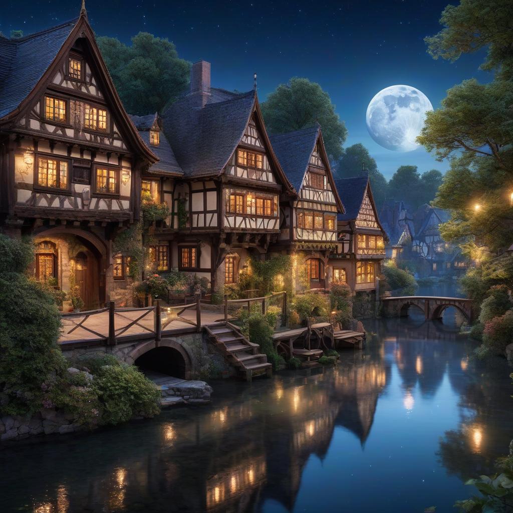  a breathtaking digital picture of quaint half timbered houses under a starry sky. The detailed illustration showcases intricate woodwork, inviting windows and a serene lake reflecting the glow of the moon. The charming setting evokes the charm of a fairy tale with a touch of mystery and tranquility. hyperrealistic, full body, detailed clothing, highly detailed, cinematic lighting, stunningly beautiful, intricate, sharp focus, f/1. 8, 85mm, (centered image composition), (professionally color graded), ((bright soft diffused light)), volumetric fog, trending on instagram, trending on tumblr, HDR 4K, 8K