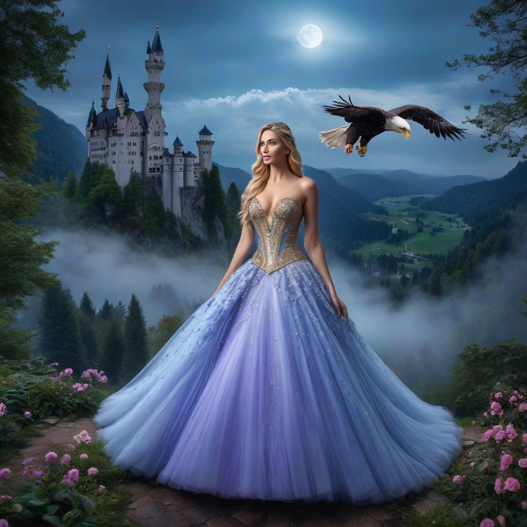  Fairy tale blue eyed eagle. Neuschwanstein. The girl in the gold dress. A very pretty girl. Garden of Eden. Rain. Flying saucer. Space, fantasy. Purple, blue, silver colors. Moon. hyperrealistic, full body, detailed clothing, highly detailed, cinematic lighting, stunningly beautiful, intricate, sharp focus, f/1. 8, 85mm, (centered image composition), (professionally color graded), ((bright soft diffused light)), volumetric fog, trending on instagram, trending on tumblr, HDR 4K, 8K