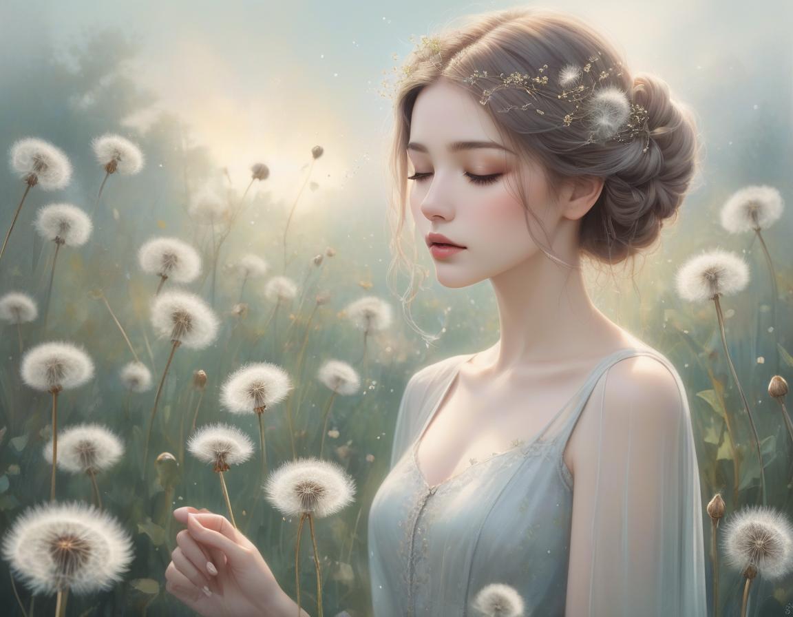  cinematic photo A tranquil image of a young with dandelions in her hair, surrounded by a soft, dreamy landscape. Delicate watercolor painting, ethereal atmosphere, whimsical dandelion hair, floating wishes, eyes reflecting the sky, innocence and wonder, soft pastel colors, gentle strokes, dreamy and airy feel, light and shadow play, intricate details, fine art quality, by Emily Winfield Martin, Etsy, 3000x4000 resolution. . 35mm photograph, film, bokeh, professional, 4k, highly detailed hyperrealistic, full body, detailed clothing, highly detailed, cinematic lighting, stunningly beautiful, intricate, sharp focus, f/1. 8, 85mm, (centered image composition), (professionally color graded), ((bright soft diffused light)), volumetric fog, trending on instagram, trending on tumblr, HDR 4K, 8K