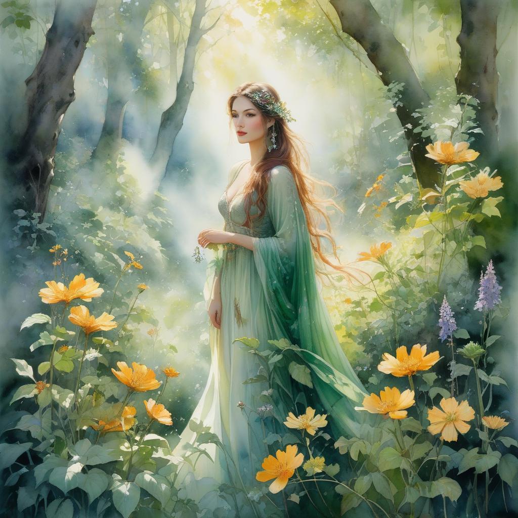  watercolor painting n the style of Nathalie Picoulet, an awe inspiring watercolor painting transports viewers to a magical forest. At the center of this enchanting scene stands a breathtakingly beautiful woman, her ethereal presence suffused with the essence of nature. Delicate brushstrokes depict her flowing hair intertwined with vibrant wildflowers, each petal meticulously detailed. Her emerald eyes emanate a captivating radiance, perfectly mirroring the lush greenery surrounding her. This meticulously crafted image evokes a sense of wonder, inviting spectators to explore the mystical world captured within this stunning watercolor masterpiece. . vibrant, beautiful, painterly, detailed, textural, artistic hyperrealistic, full body, detailed clothing, highly detailed, cinematic lighting, stunningly beautiful, intricate, sharp focus, f/1. 8, 85mm, (centered image composition), (professionally color graded), ((bright soft diffused light)), volumetric fog, trending on instagram, trending on tumblr, HDR 4K, 8K