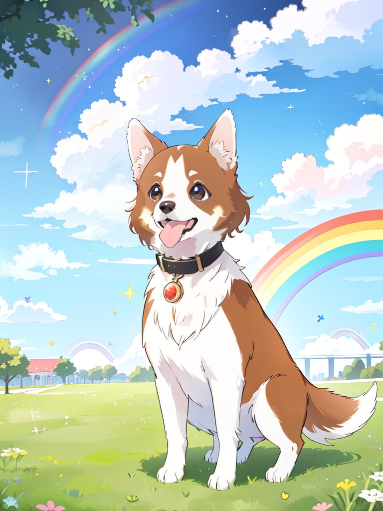  Dog, Small, Park, White and Brown, the wind blows, glitter, tongue, Rainbow Eye, masterpiece, best quality,8k,ultra detailed,high resolution,an extremely delicate and beautiful,hyper detail