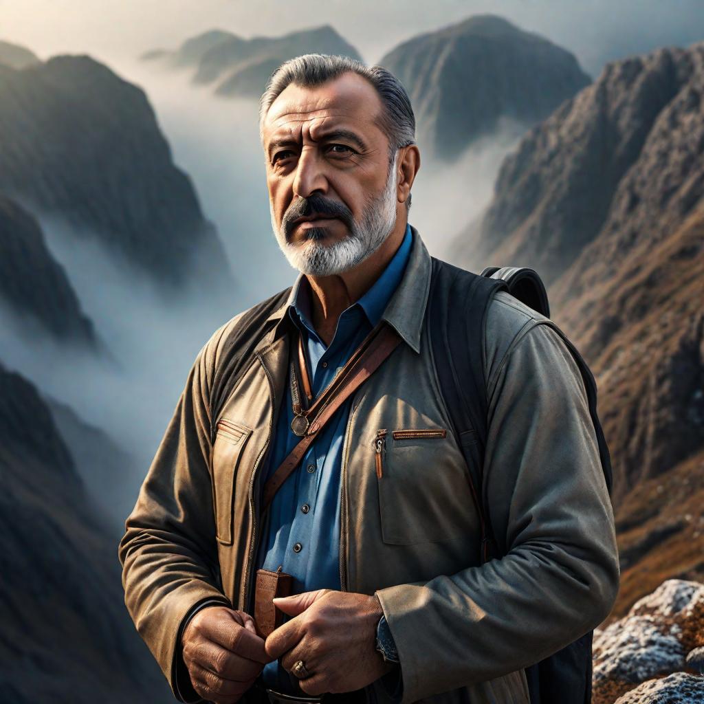  Turkish geology professor Celal Şengör hyperrealistic, full body, detailed clothing, highly detailed, cinematic lighting, stunningly beautiful, intricate, sharp focus, f/1. 8, 85mm, (centered image composition), (professionally color graded), ((bright soft diffused light)), volumetric fog, trending on instagram, trending on tumblr, HDR 4K, 8K