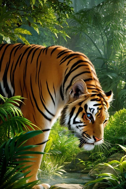  Very realistic tiger looking through some jungle plants hyperrealistic, full body, detailed clothing, highly detailed, cinematic lighting, stunningly beautiful, intricate, sharp focus, f/1. 8, 85mm, (centered image composition), (professionally color graded), ((bright soft diffused light)), volumetric fog, trending on instagram, trending on tumblr, HDR 4K, 8K