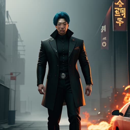  Korean gang leader In the daytime hyperrealistic, full body, detailed clothing, highly detailed, cinematic lighting, stunningly beautiful, intricate, sharp focus, f/1. 8, 85mm, (centered image composition), (professionally color graded), ((bright soft diffused light)), volumetric fog, trending on instagram, trending on tumblr, HDR 4K, 8K