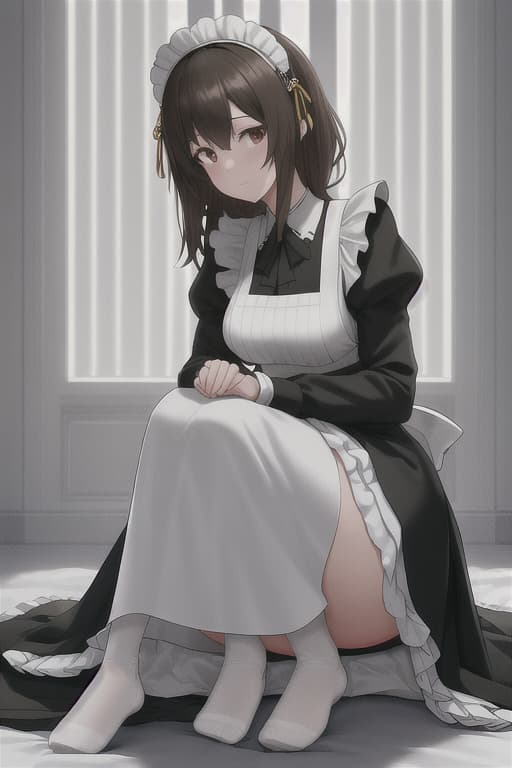  (score 9,score 8 up,score 7 up,),1girl,solo,maid,maid headdress,looking at viewer,apron,brown hair,indoors,black hair,nylon feet ,feet focus,two feet, nylons hyperrealistic, full body, detailed clothing, highly detailed, cinematic lighting, stunningly beautiful, intricate, sharp focus, f/1. 8, 85mm, (centered image composition), (professionally color graded), ((bright soft diffused light)), volumetric fog, trending on instagram, trending on tumblr, HDR 4K, 8K