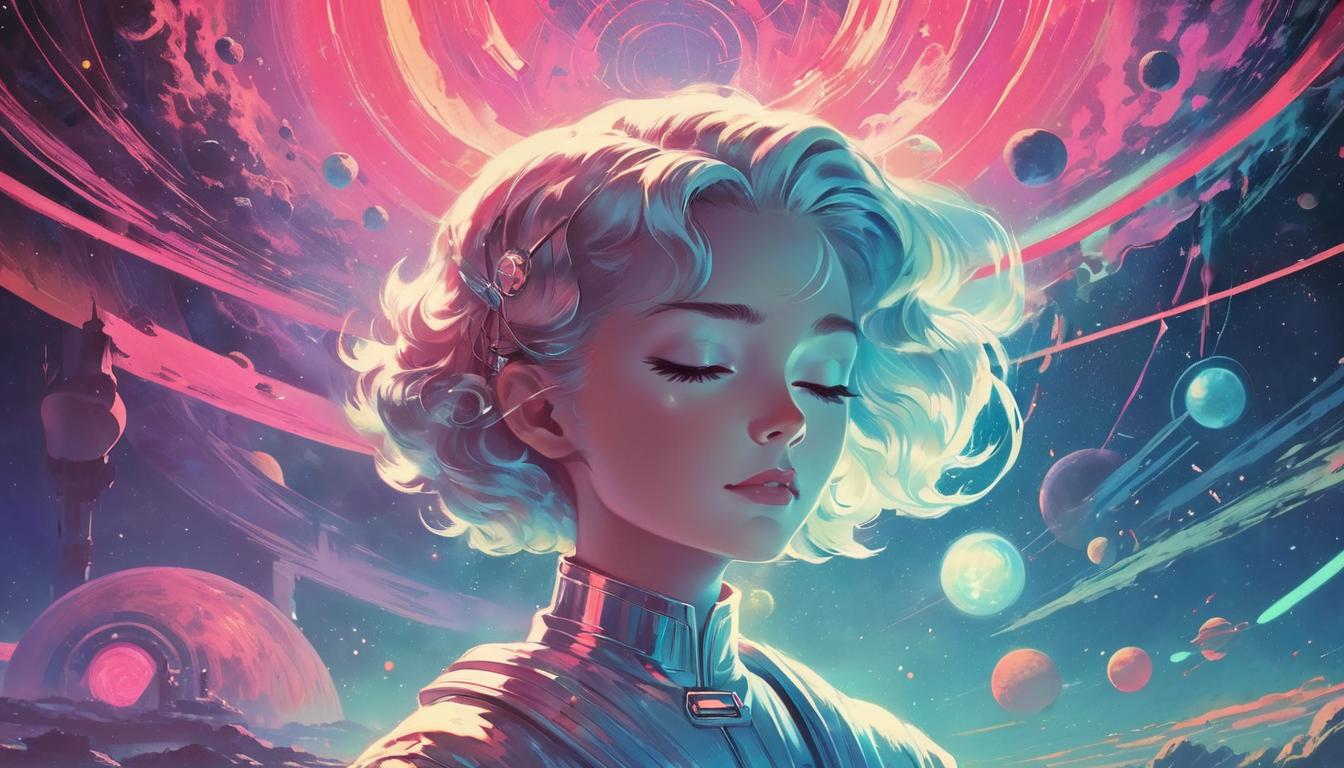  retro futuristic young person, eyes closed, serene expression, glowing aura, mystical vibes, otherworldly atmosphere, transcendence, spiritual sensitivity lvintage sci fi, 50s and 60s style, atomic age, vibrant, highly detailed