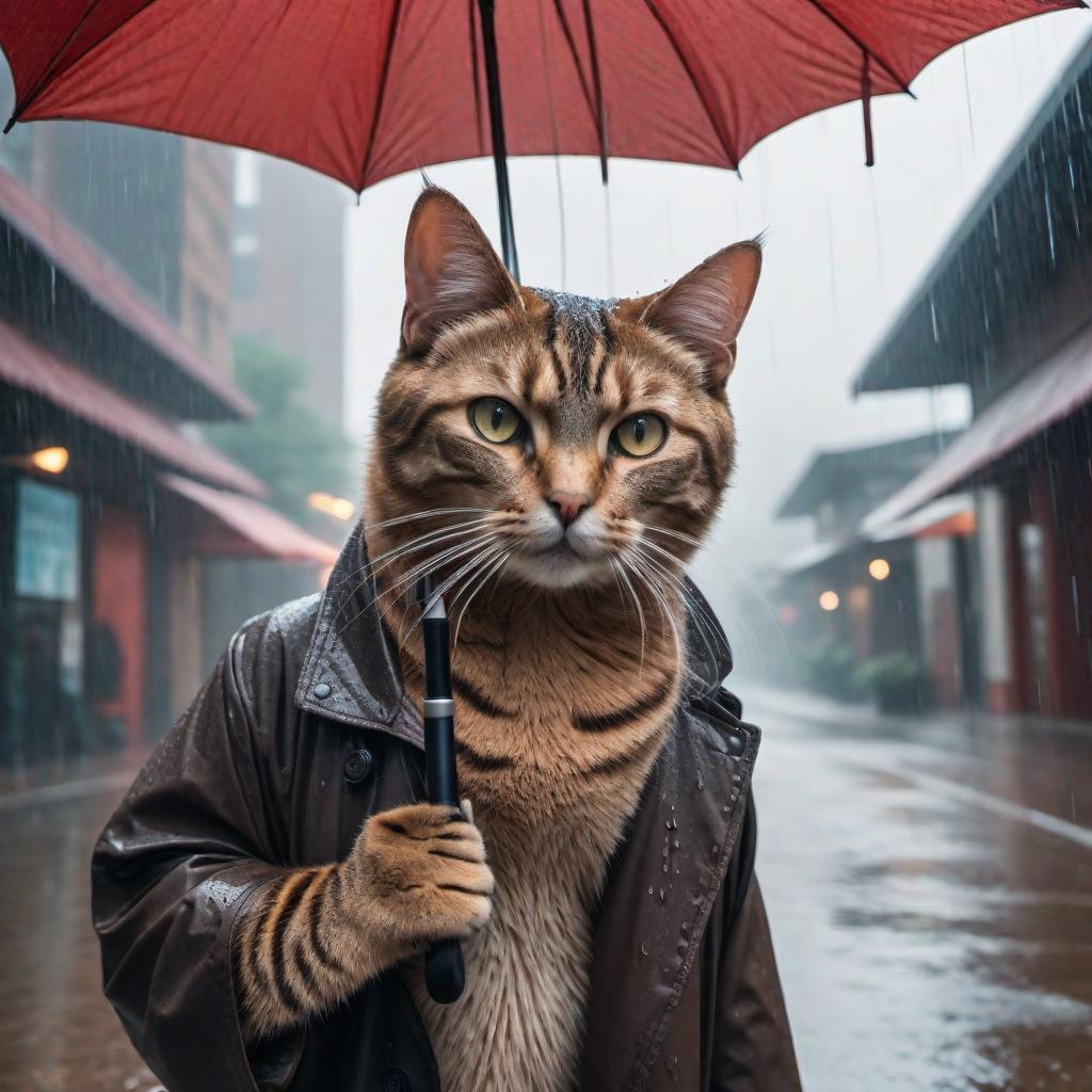  A funny meme showing a person standing in the rain holding an umbrella, with a soaked cat standing next to them looking annoyed. Include some humorous text or elements to emphasize the comedic moment. hyperrealistic, full body, detailed clothing, highly detailed, cinematic lighting, stunningly beautiful, intricate, sharp focus, f/1. 8, 85mm, (centered image composition), (professionally color graded), ((bright soft diffused light)), volumetric fog, trending on instagram, trending on tumblr, HDR 4K, 8K