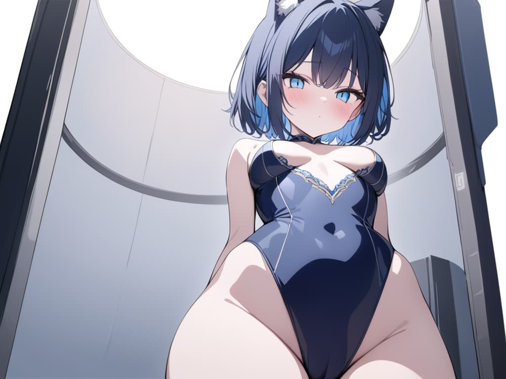  Short hair, light blue mesh, , cat ears, jit eyes, light blue eyes, big s, dark blue hair, light blue inner color, leotard, masterpiece, best quality,8k,ultra detailed,high resolution,an extremely delicate and beautiful,hyper detail