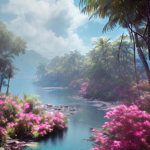 redshift style Creare me a image of a Airbrushed Hyperrealistic Glossy Beautiful Water Colored Background of Paradise with flowers and trees and Butterflies